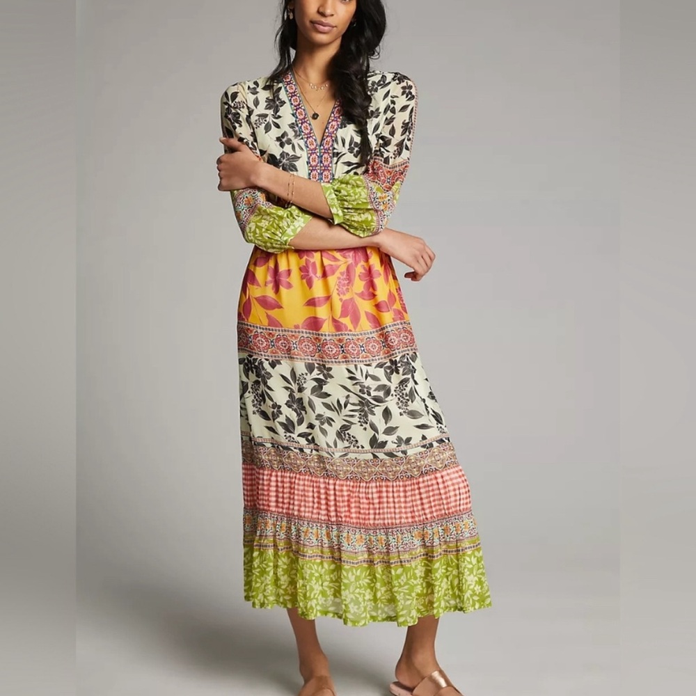 Vineet Bahl Anthropologie Ameglia Womens XS Quarter Sleeve Maxi Dress Boho Print
